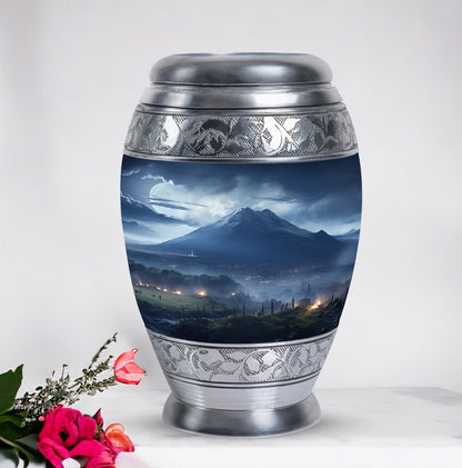 Elegant landscape urn in grey designed as a cremation box for adult female human ashes, ideal as a mom urn