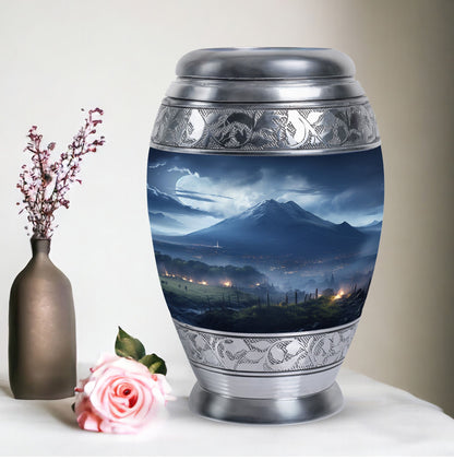 Elegant landscape urn in grey designed as a cremation box for adult female human ashes, ideal as a mom urn