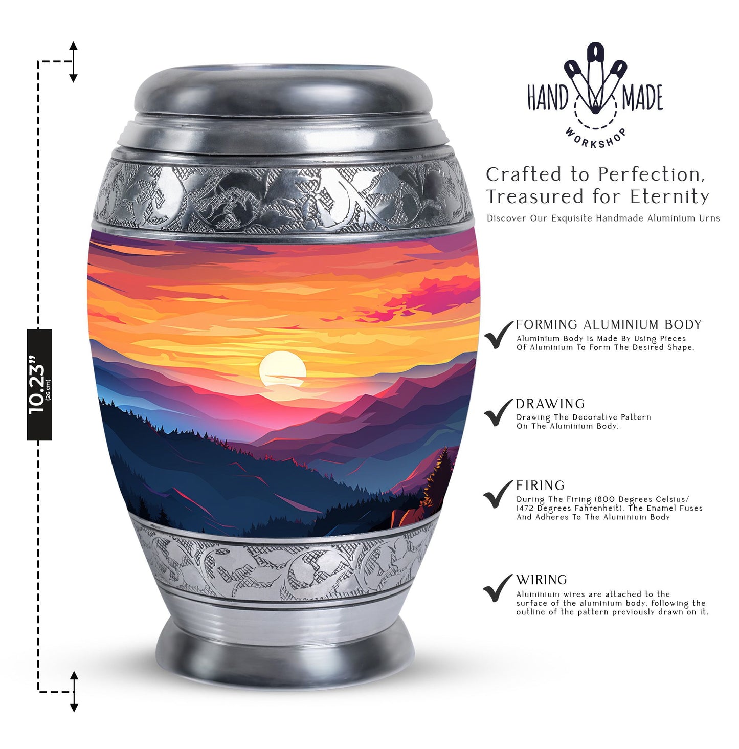 Large urn for cremation with scenic mountains design, suitable for both men and women's ash storage, perfect for preserving the memories of a loved one.