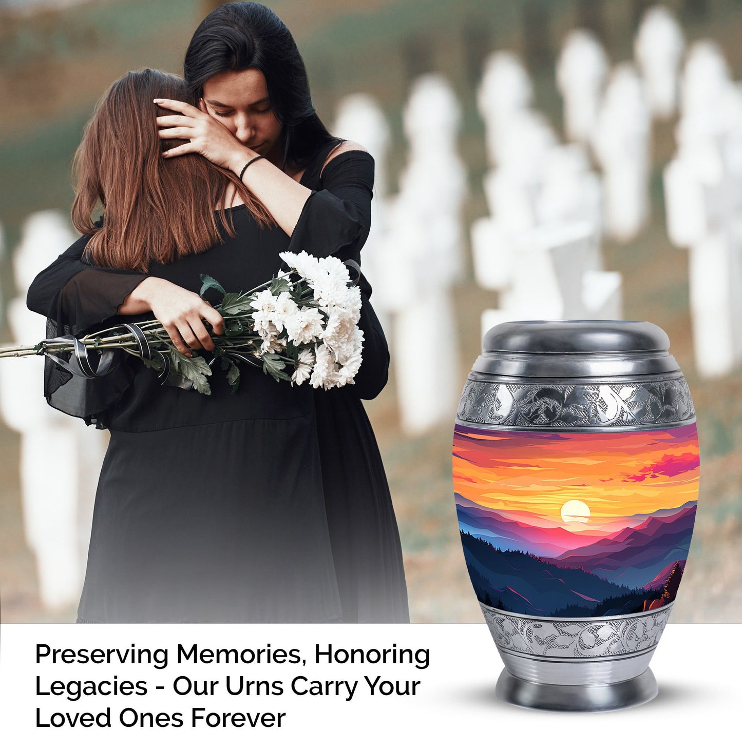 Large urn for cremation with scenic mountains design, suitable for both men and women's ash storage, perfect for preserving the memories of a loved one.