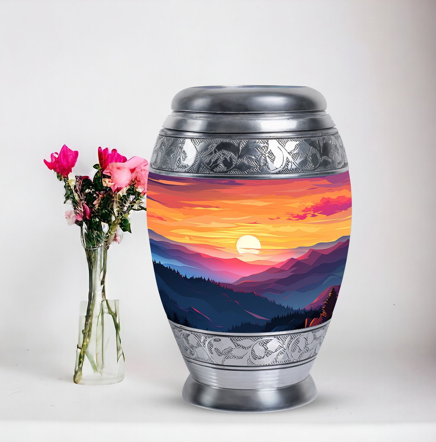 Large urn for cremation with scenic mountains design, suitable for both men and women's ash storage, perfect for preserving the memories of a loved one.