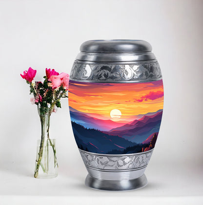 Large urn for cremation with scenic mountains design, suitable for both men and women's ash storage, perfect for preserving the memories of a loved one.