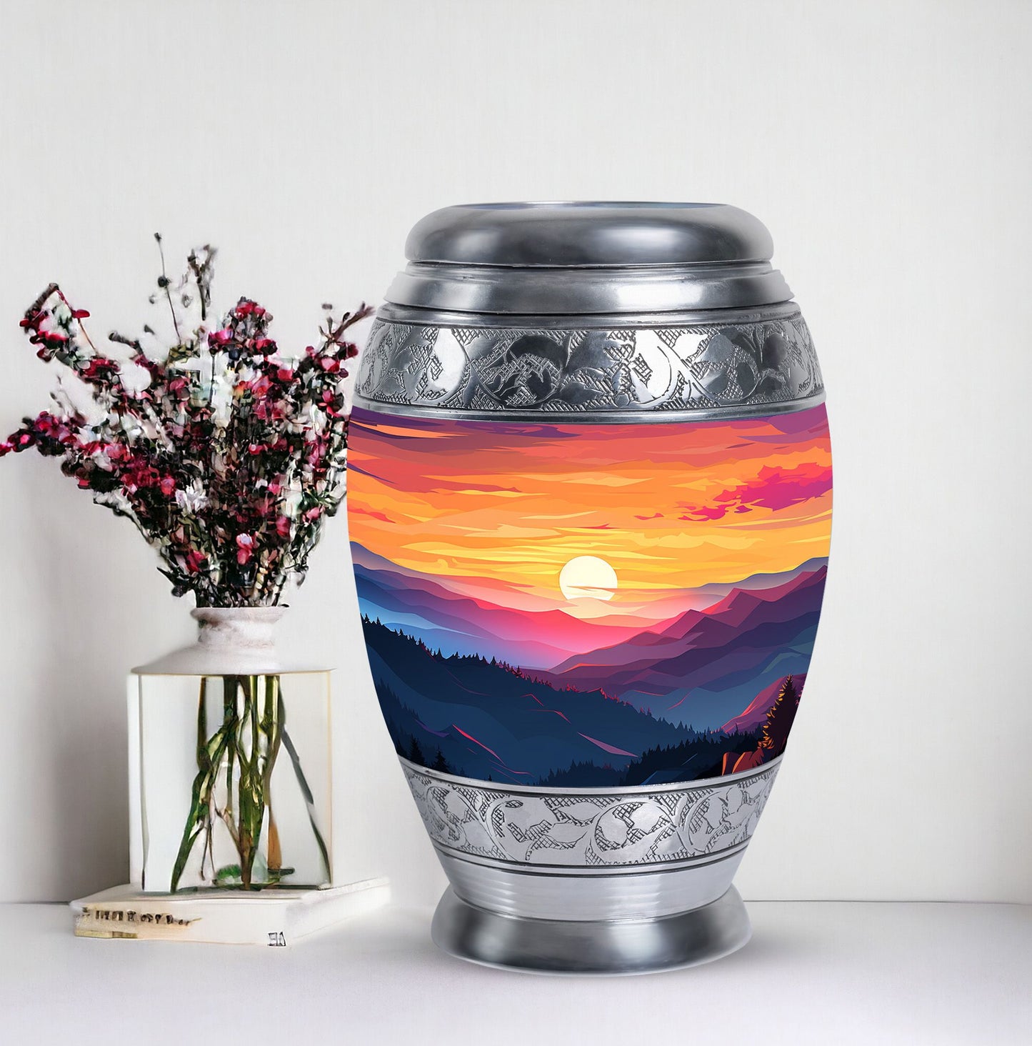 Large urn for cremation with scenic mountains design, suitable for both men and women's ash storage, perfect for preserving the memories of a loved one.