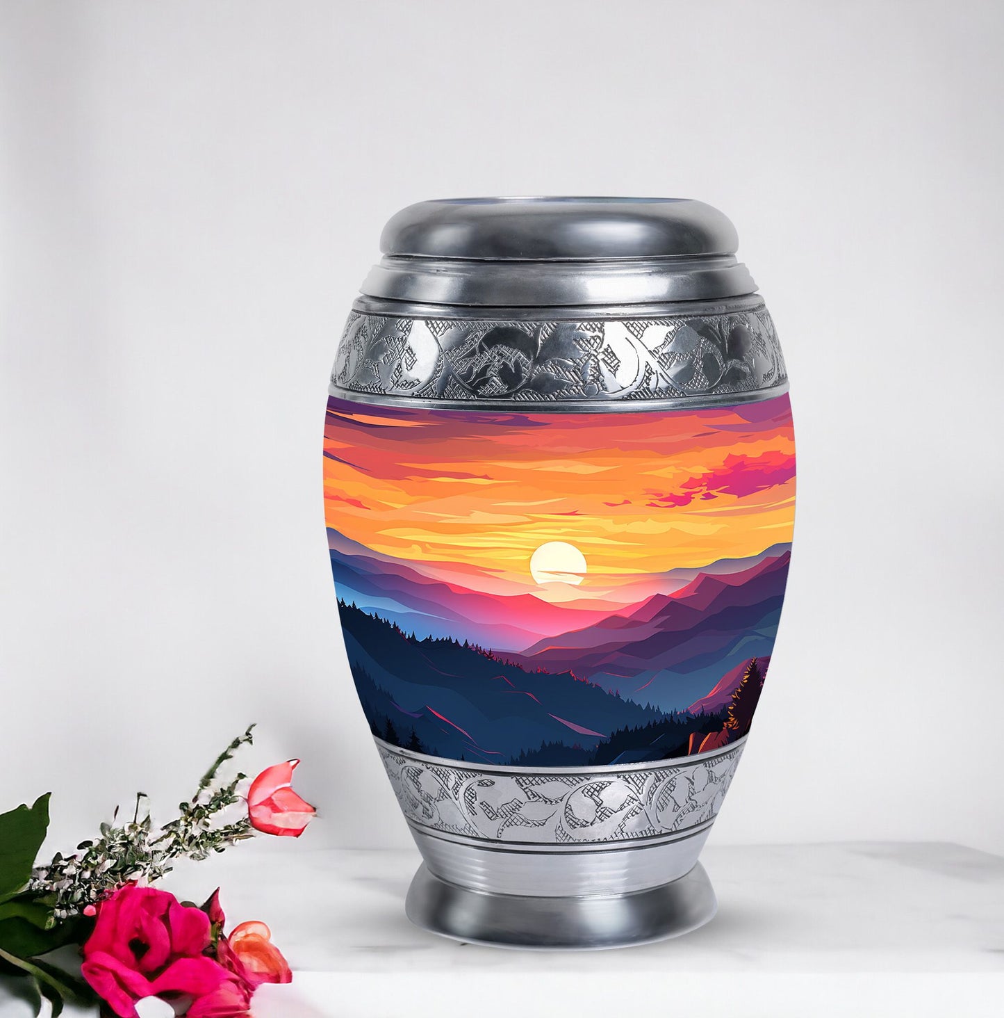 Large urn for cremation with scenic mountains design, suitable for both men and women's ash storage, perfect for preserving the memories of a loved one.