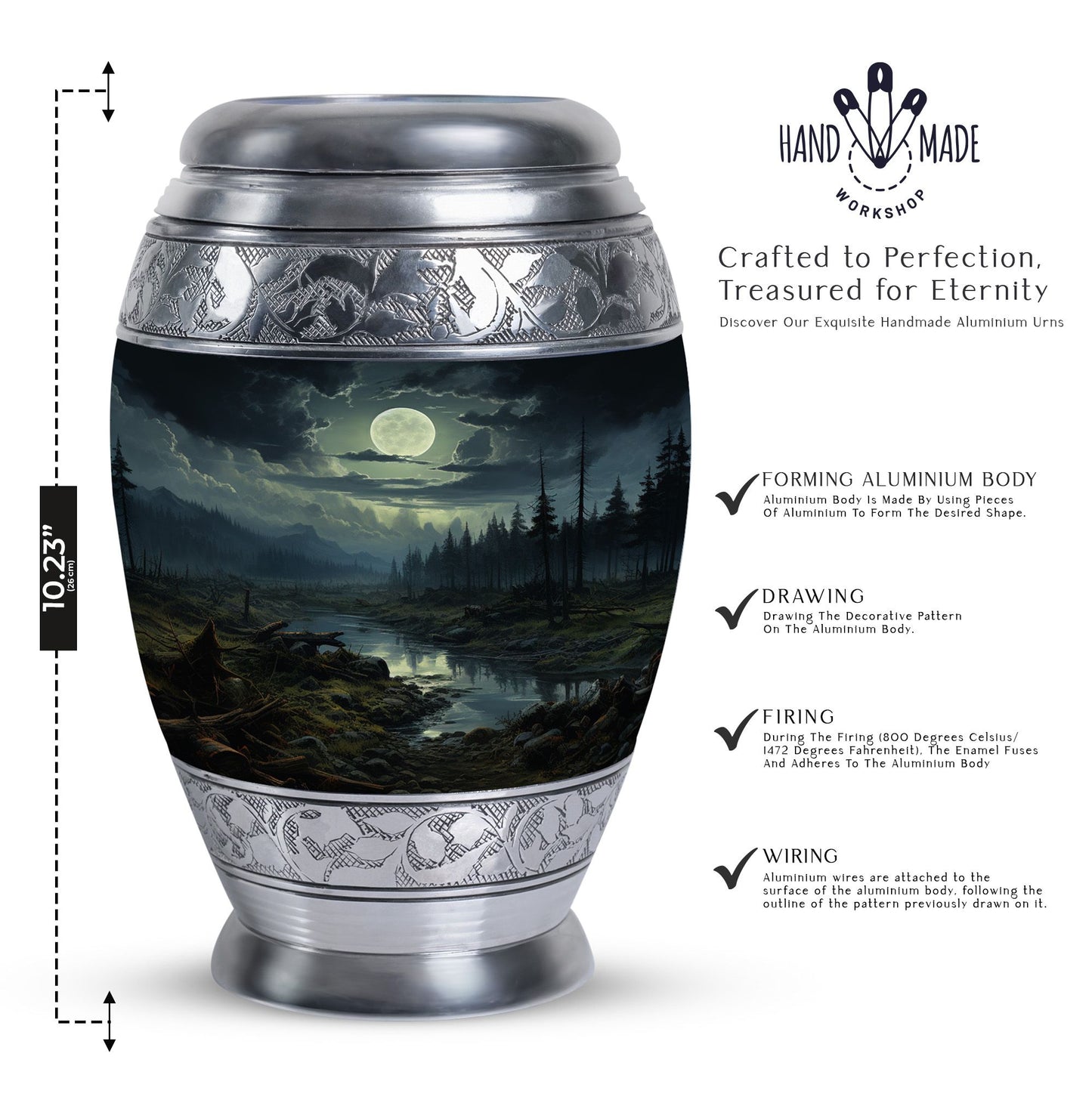 Large Moonlit Monar_Urn made of Aluminium for ashes storage, with engraving option. Includes velvet pouch and care instructions.