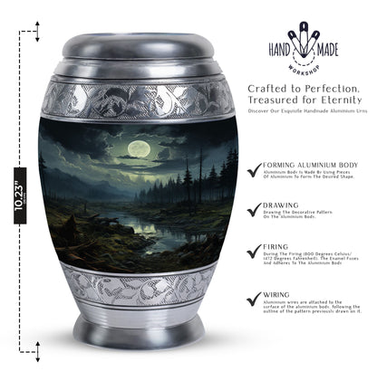Large Moonlit Monar_Urn made of Aluminium for ashes storage, with engraving option. Includes velvet pouch and care instructions.