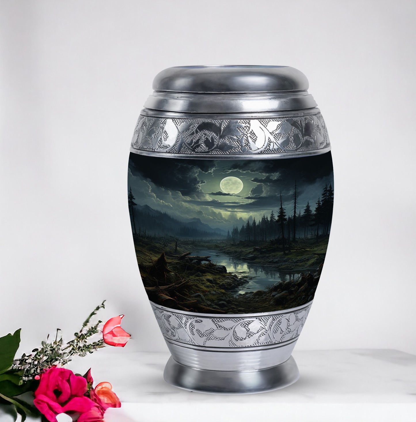 Large Moonlit Monar_Urn made of Aluminium for ashes storage, with engraving option. Includes velvet pouch and care instructions.