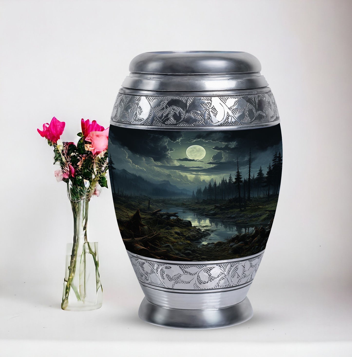 Large Moonlit Monar_Urn made of Aluminium for ashes storage, with engraving option. Includes velvet pouch and care instructions.