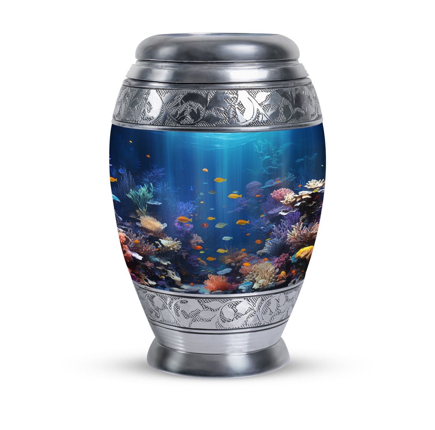 Large aluminium Monar_Urn, underwater urn for women's ashes. Personalizable with engraved names, capacity 200 cubic inches.
