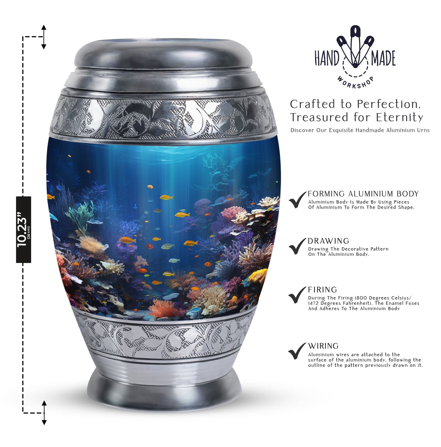 Large aluminium Monar_Urn, underwater urn for women's ashes. Personalizable with engraved names, capacity 200 cubic inches.