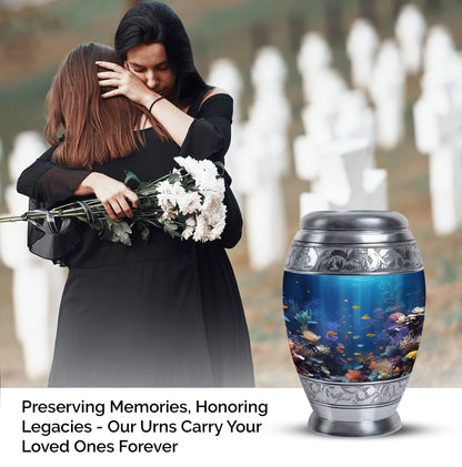 Large aluminium Monar_Urn, underwater urn for women's ashes. Personalizable with engraved names, capacity 200 cubic inches.