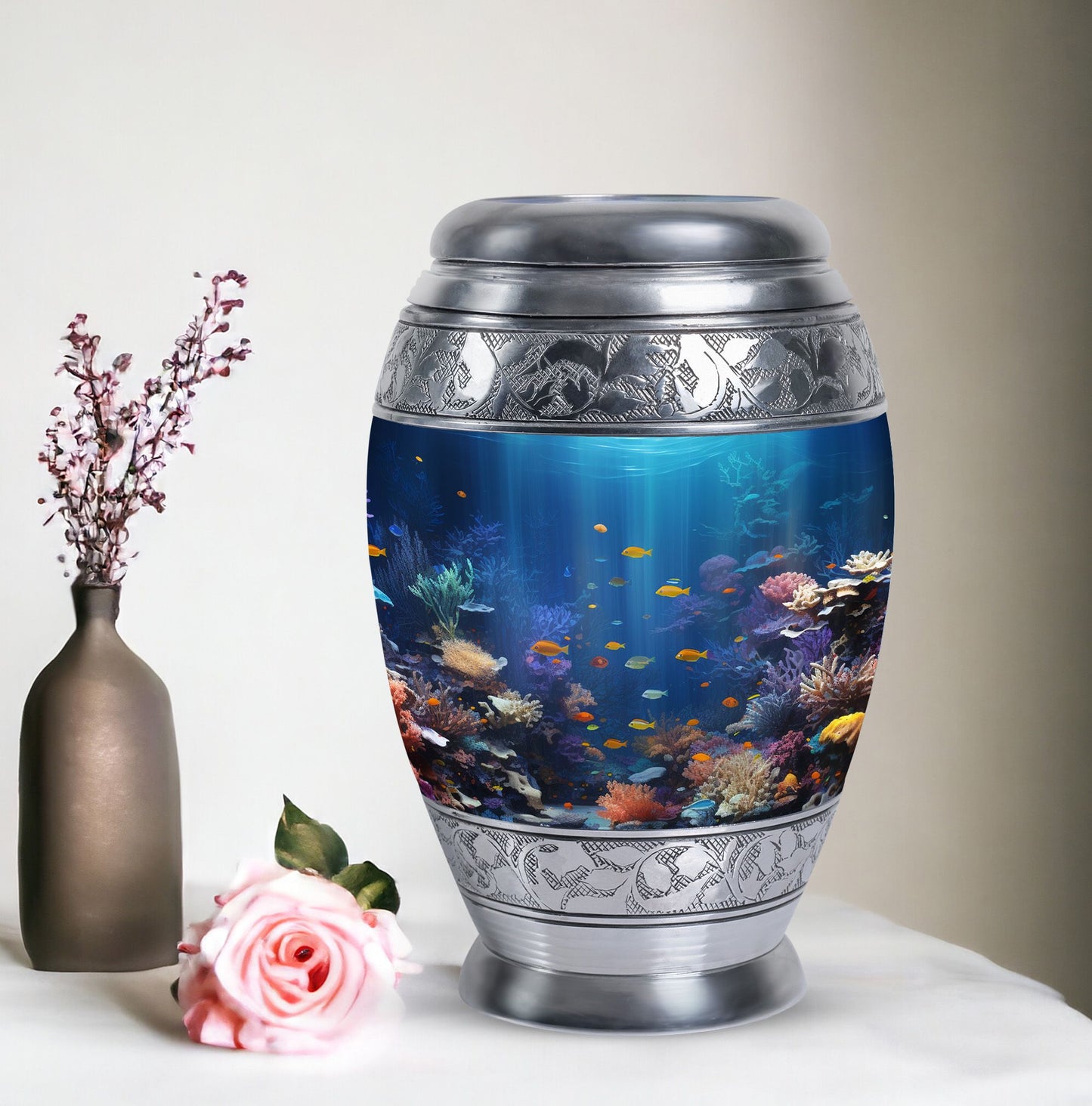 Large aluminium Monar_Urn, underwater urn for women's ashes. Personalizable with engraved names, capacity 200 cubic inches.