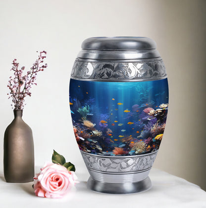 Large aluminium Monar_Urn, underwater urn for women's ashes. Personalizable with engraved names, capacity 200 cubic inches.