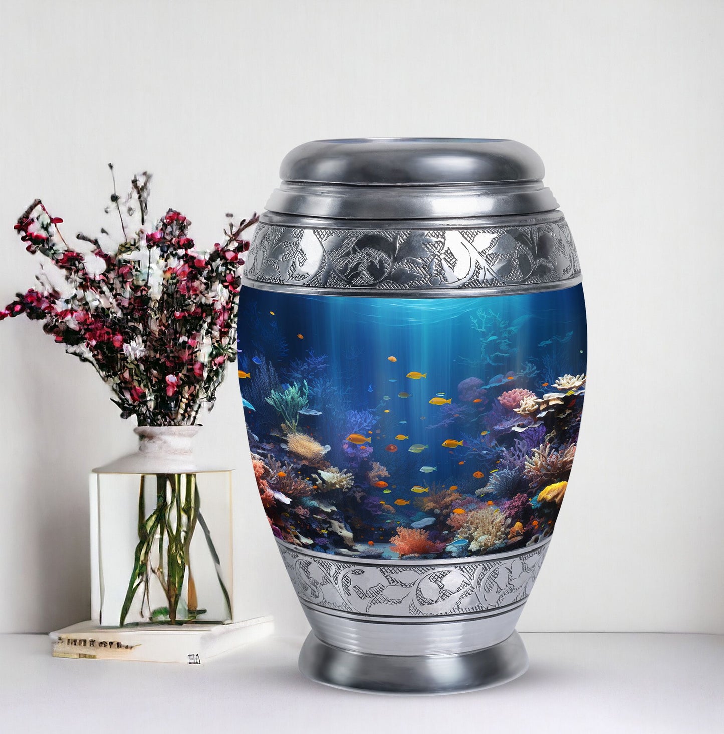 Large aluminium Monar_Urn, underwater urn for women's ashes. Personalizable with engraved names, capacity 200 cubic inches.