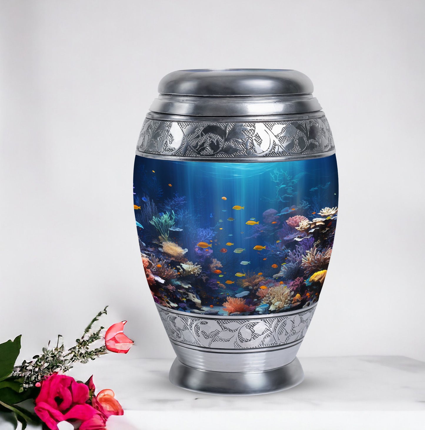 Large aluminium Monar_Urn, underwater urn for women's ashes. Personalizable with engraved names, capacity 200 cubic inches.