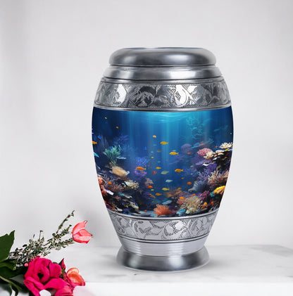 Large aluminium Monar_Urn, underwater urn for women's ashes. Personalizable with engraved names, capacity 200 cubic inches.