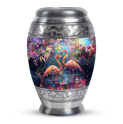 Bird Urn for Ashes, Two Flamingos in Dark Tropical Foliage, Memorial Urn