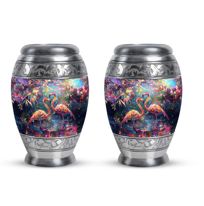 Bird Urn for Ashes, Two Flamingos in Dark Tropical Foliage, Memorial Urn