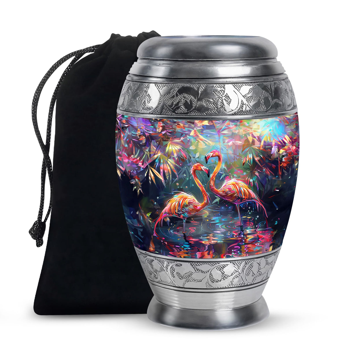 Bird Urn for Ashes, Two Flamingos in Dark Tropical Foliage, Memorial Urn