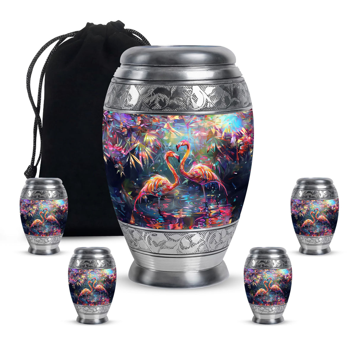 Bird Urn for Ashes, Two Flamingos in Dark Tropical Foliage, Memorial Urn