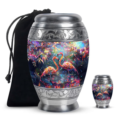 Bird Urn for Ashes, Two Flamingos in Dark Tropical Foliage, Memorial Urn