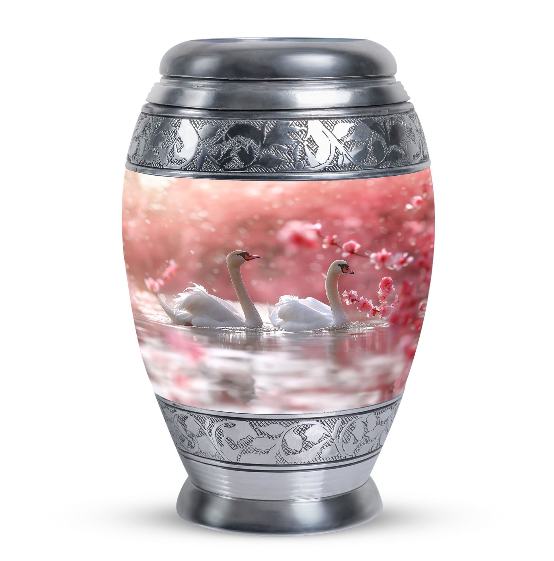 Elegant White Swan Urn – Pink Cherry Blossom Design For Human Ashes