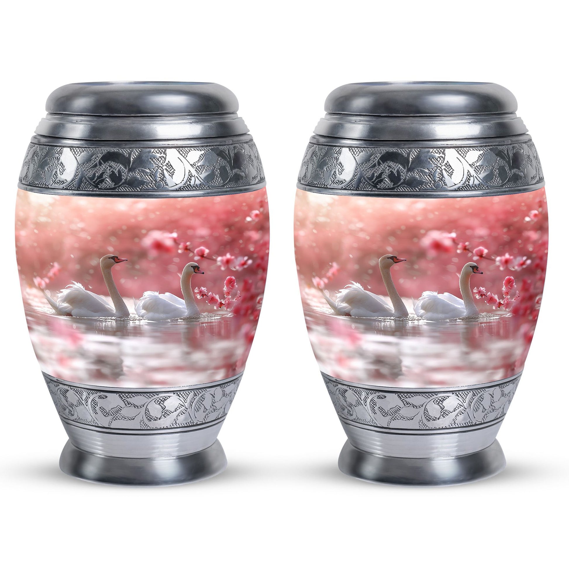 Elegant White Swan Urn – Pink Cherry Blossom Design For Human Ashes