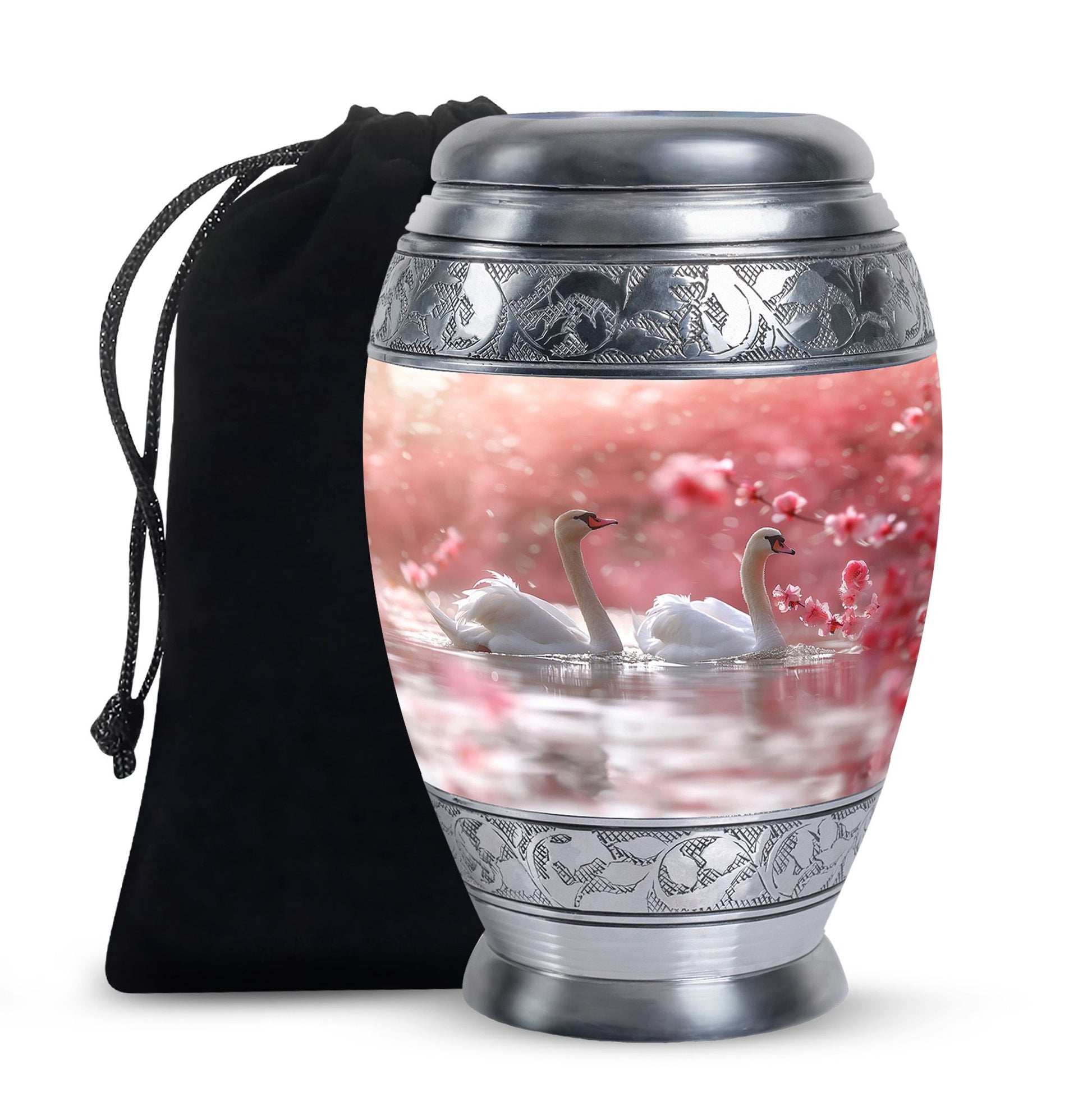 Elegant White Swan Urn – Pink Cherry Blossom Design For Human Ashes