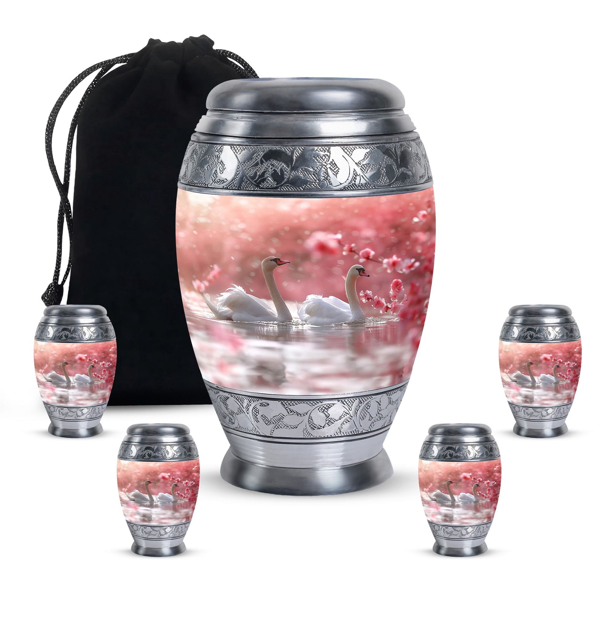 Elegant White Swan Urn – Pink Cherry Blossom Design For Human Ashes