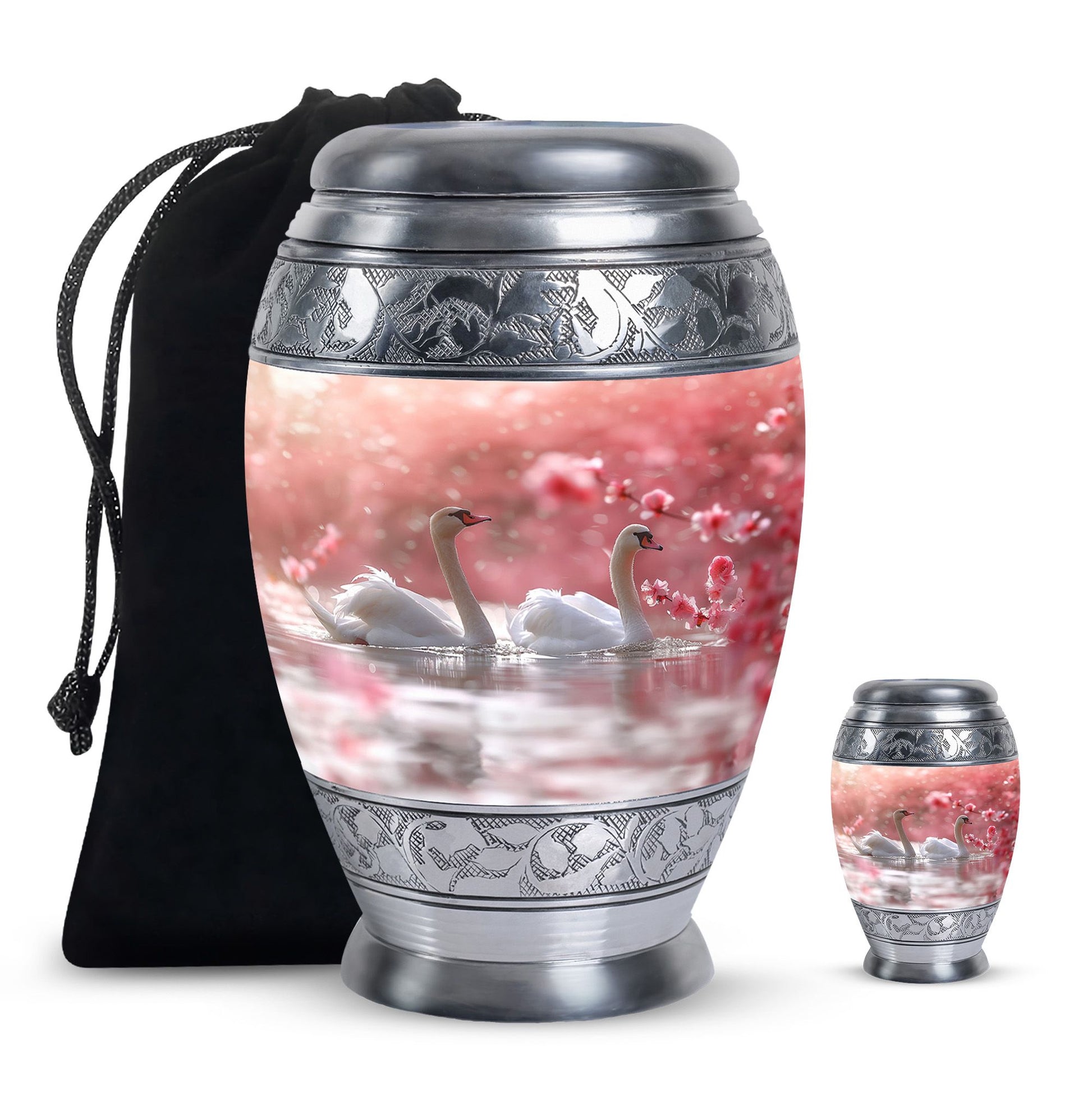 Elegant White Swan Urn – Pink Cherry Blossom Design For Human Ashes