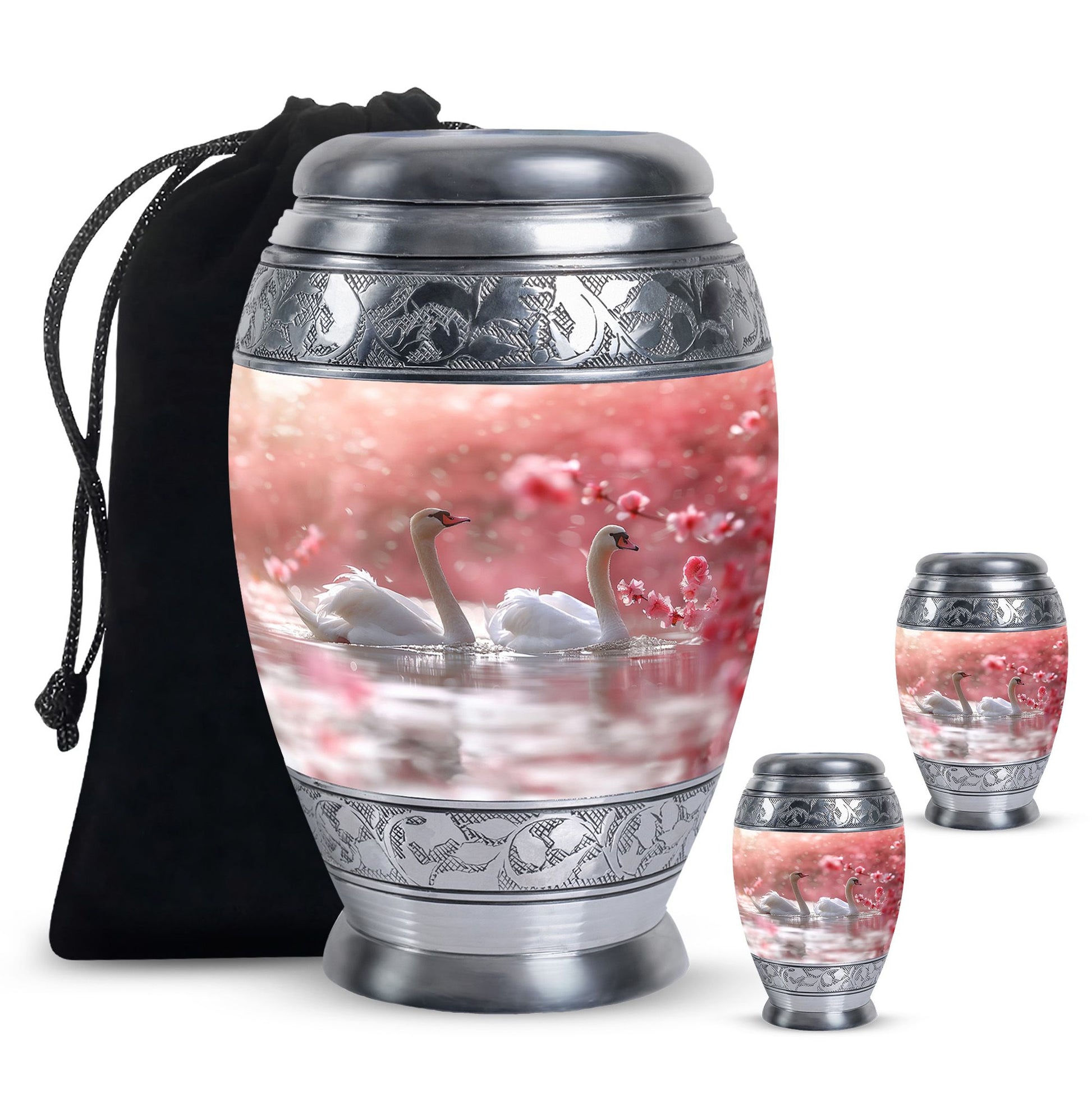 Elegant White Swan Urn – Pink Cherry Blossom Design For Human Ashes