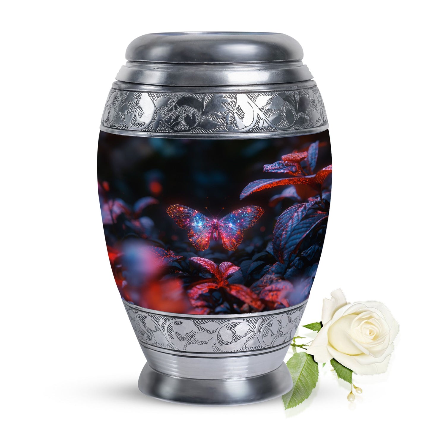 Butterfly Urn for Human Ashes, Sparkly Purple Wings Among Red Leaves, Black Gloss Urn