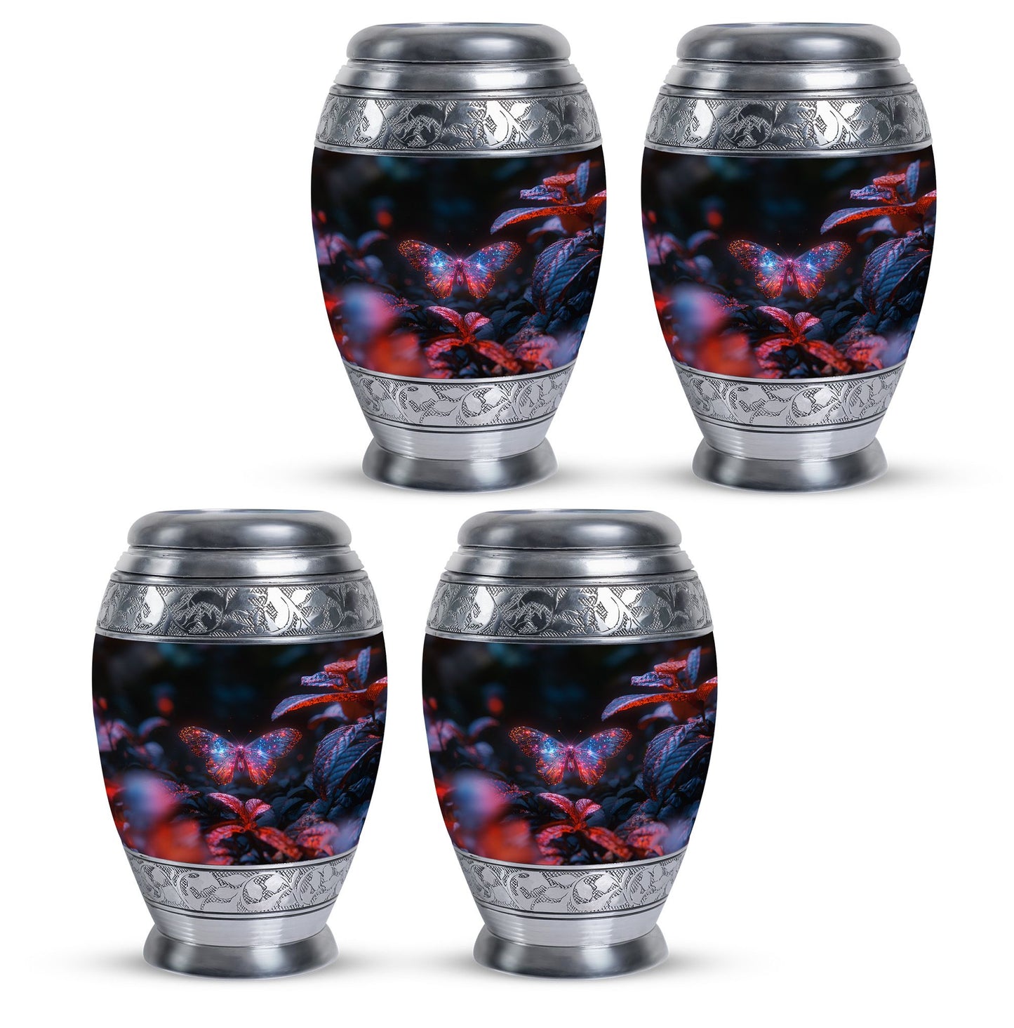 Butterfly Urn for Human Ashes, Sparkly Purple Wings Among Red Leaves, Black Gloss Urn