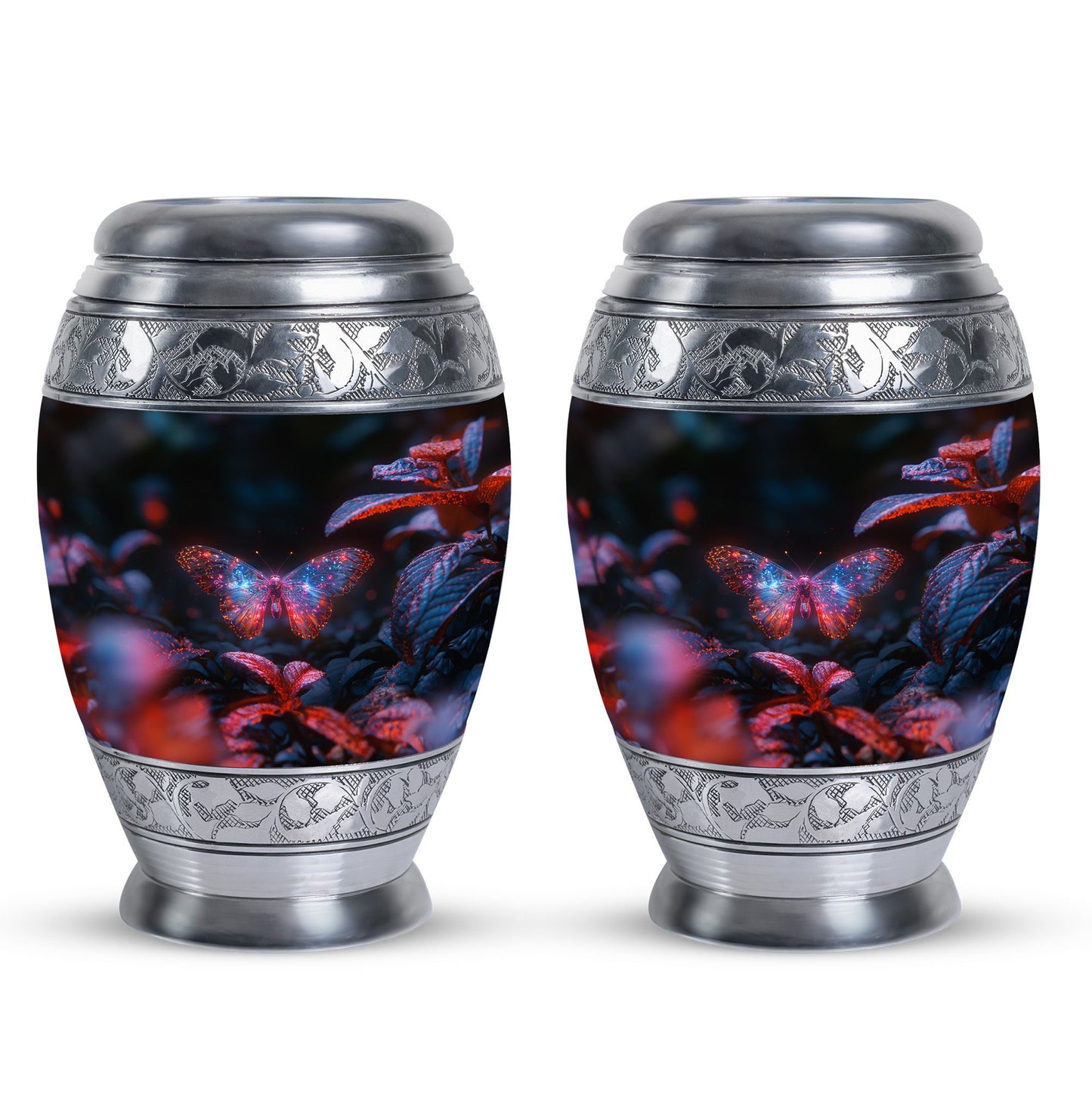 Butterfly Urn for Human Ashes, Sparkly Purple Wings Among Red Leaves, Black Gloss Urn