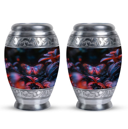 Butterfly Urn for Human Ashes, Sparkly Purple Wings Among Red Leaves, Black Gloss Urn