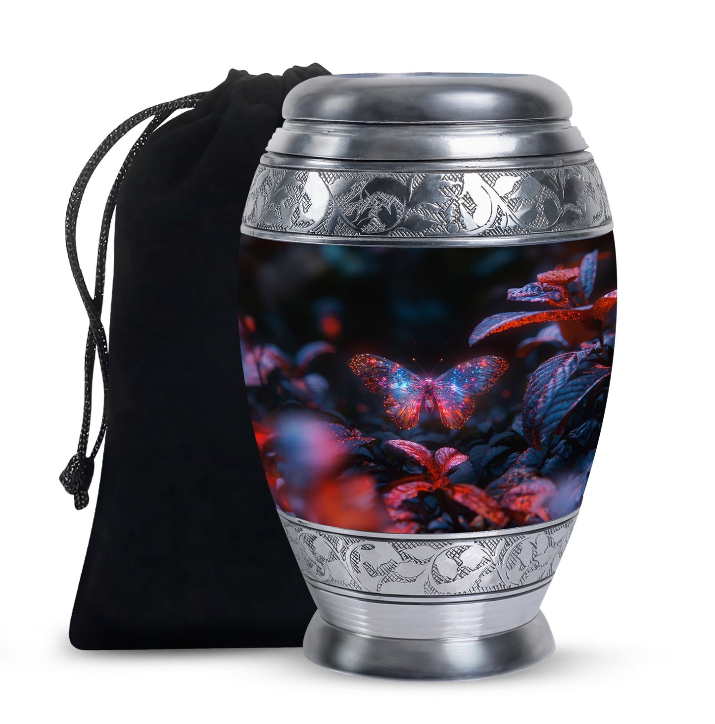 Butterfly Urn for Human Ashes, Sparkly Purple Wings Among Red Leaves, Black Gloss Urn