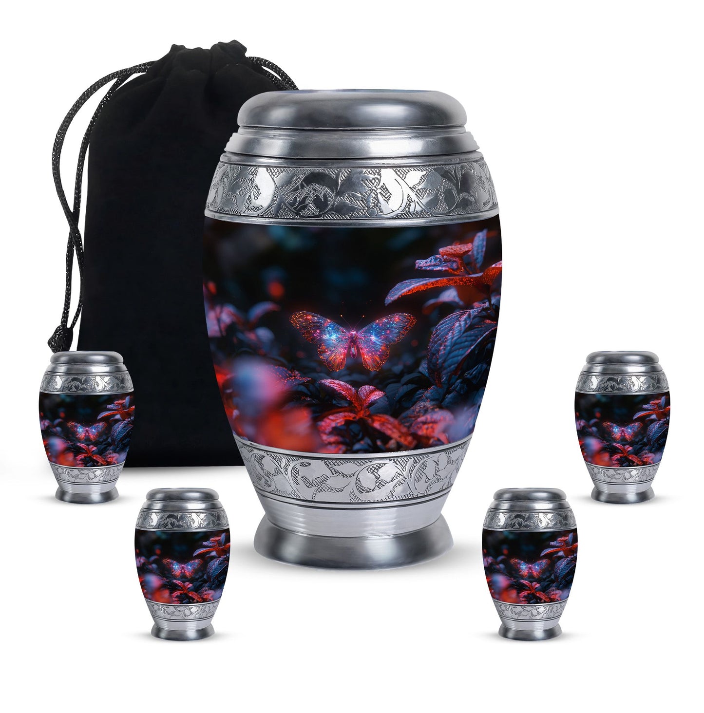 Butterfly Urn for Human Ashes, Sparkly Purple Wings Among Red Leaves, Black Gloss Urn