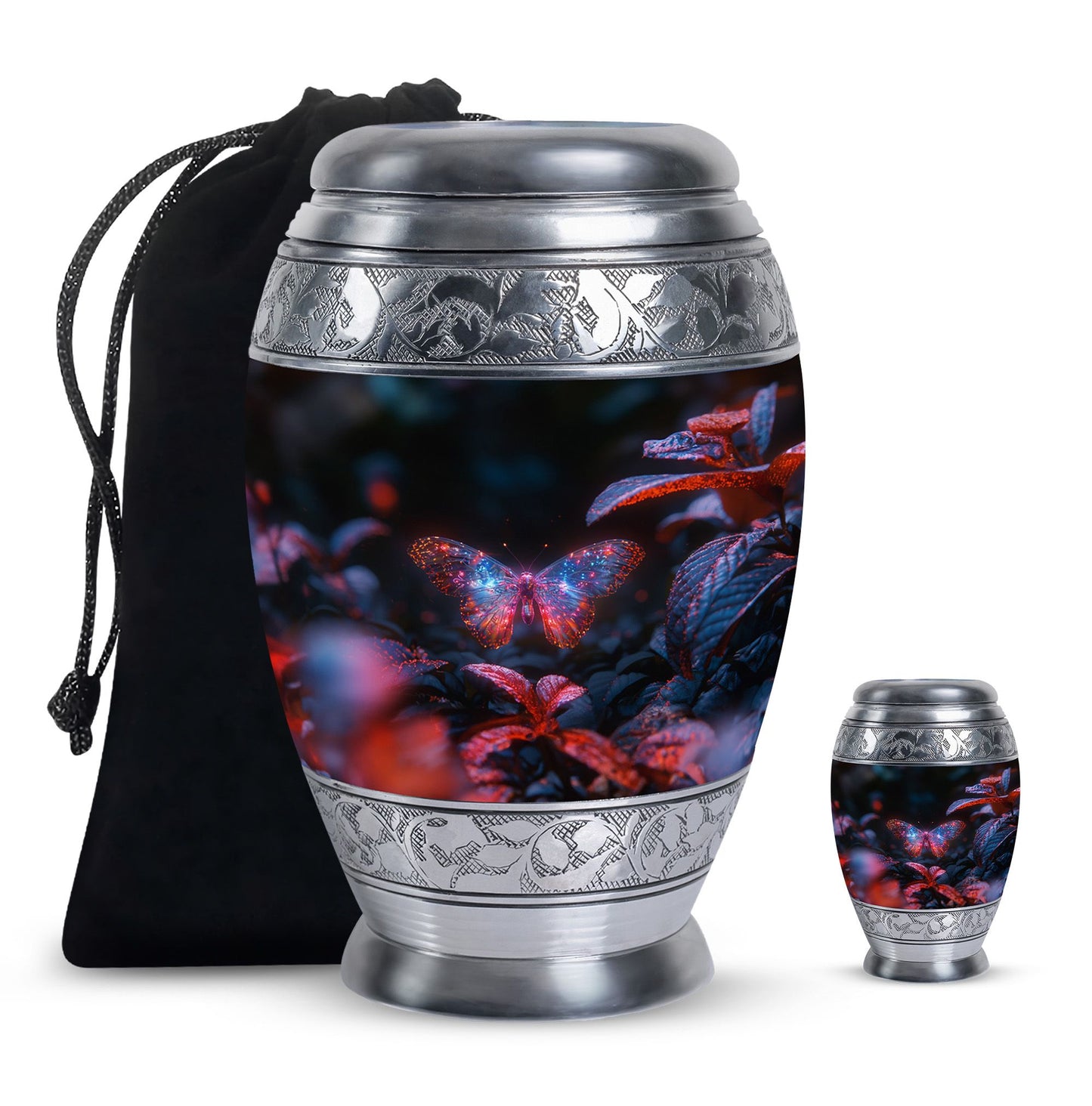 Butterfly Urn for Human Ashes, Sparkly Purple Wings Among Red Leaves, Black Gloss Urn