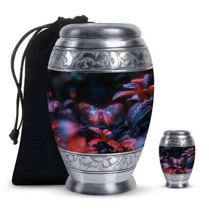 Butterfly Urn for Human Ashes, Sparkly Purple Wings Among Red Leaves, Black Gloss Urn