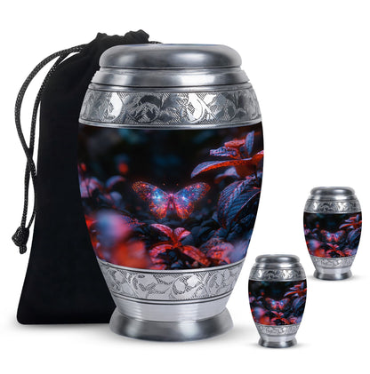 Butterfly Urn for Human Ashes, Sparkly Purple Wings Among Red Leaves, Black Gloss Urn