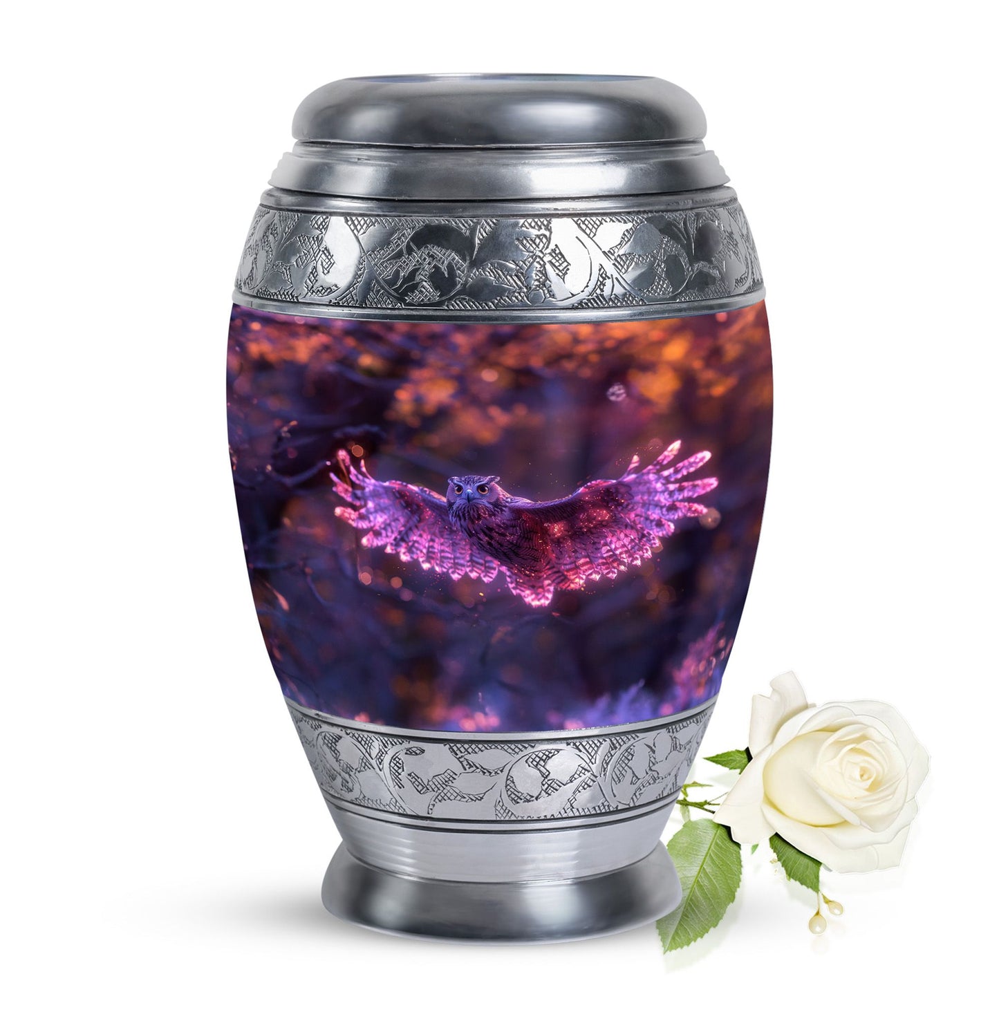 Owl Urn for Human Ashes, With Spread Purple Glowing Wings, Cremation Urn