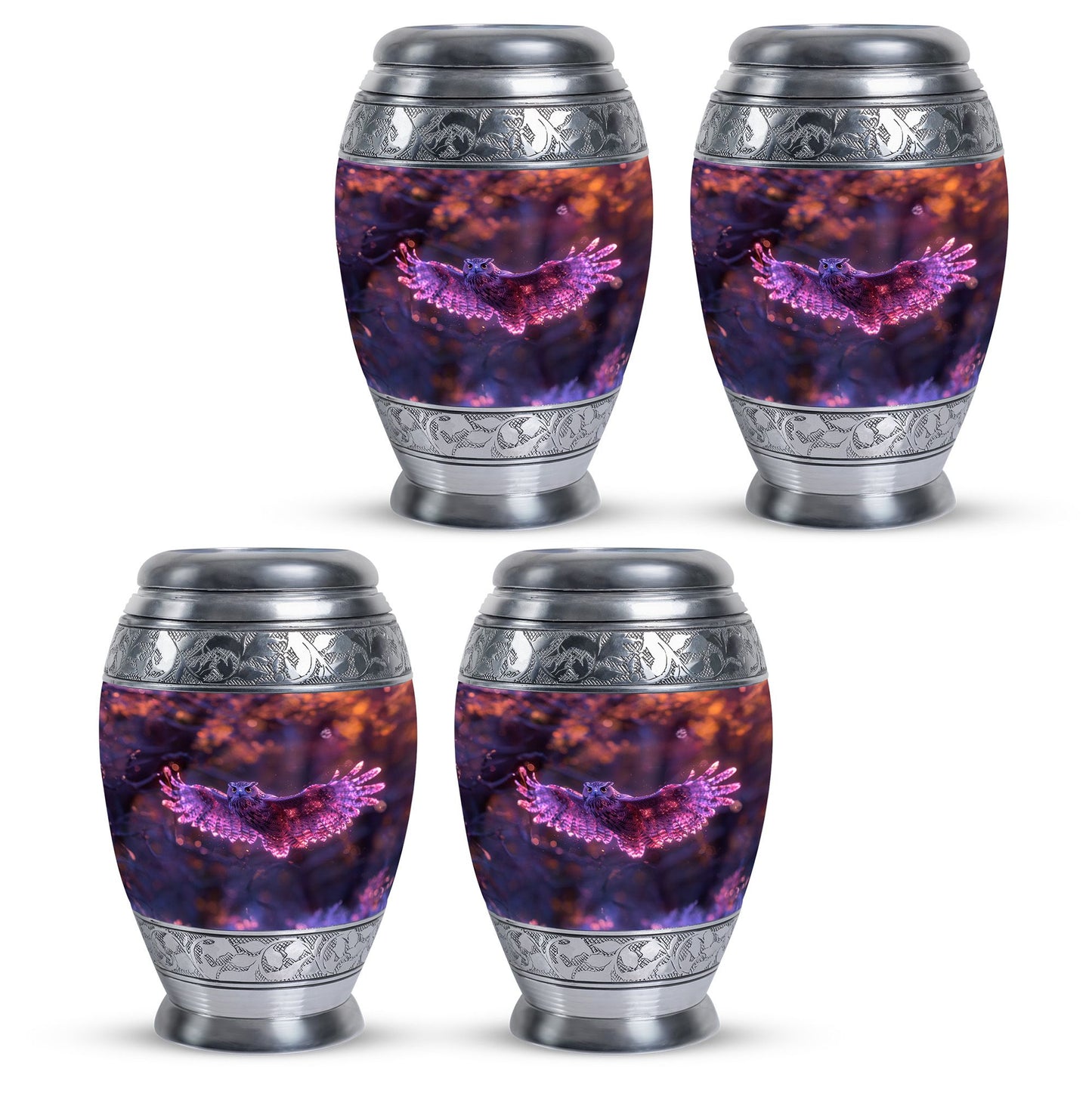 Owl Urn for Human Ashes, With Spread Purple Glowing Wings, Cremation Urn