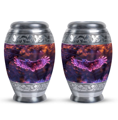 Owl Urn for Human Ashes, With Spread Purple Glowing Wings, Cremation Urn
