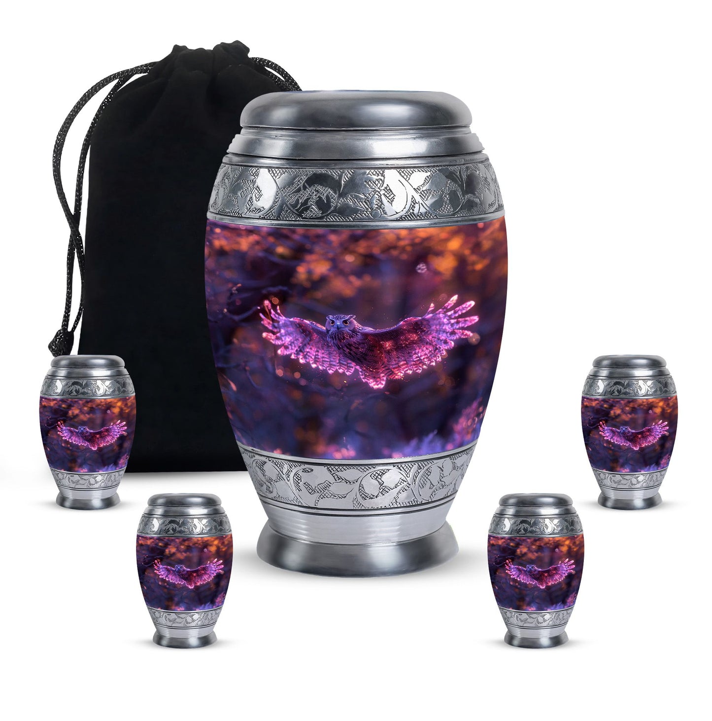 Owl Urn for Human Ashes, With Spread Purple Glowing Wings, Cremation Urn