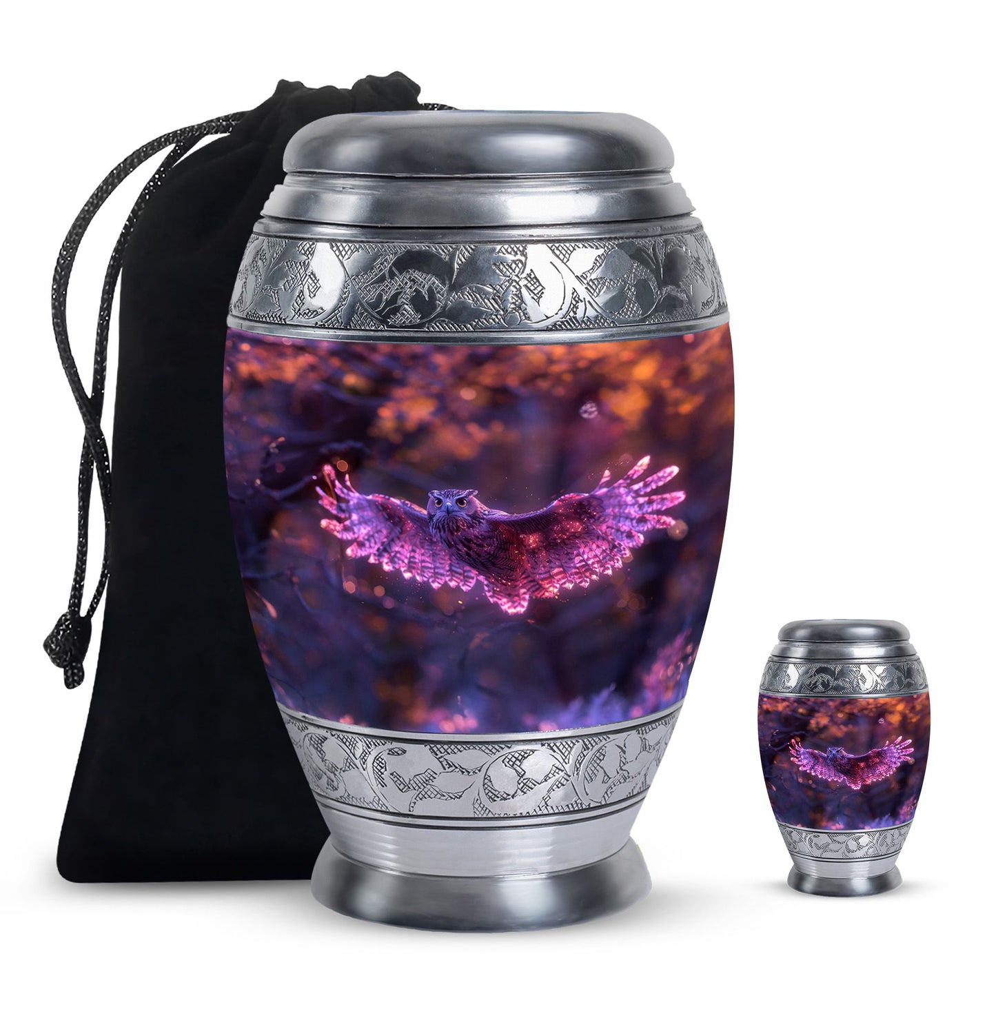 Owl Urn for Human Ashes, With Spread Purple Glowing Wings, Cremation Urn