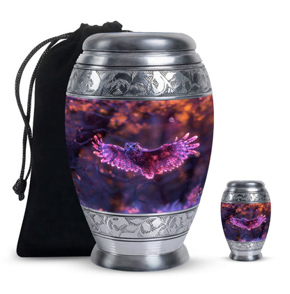 Owl Urn for Human Ashes, With Spread Purple Glowing Wings, Cremation Urn