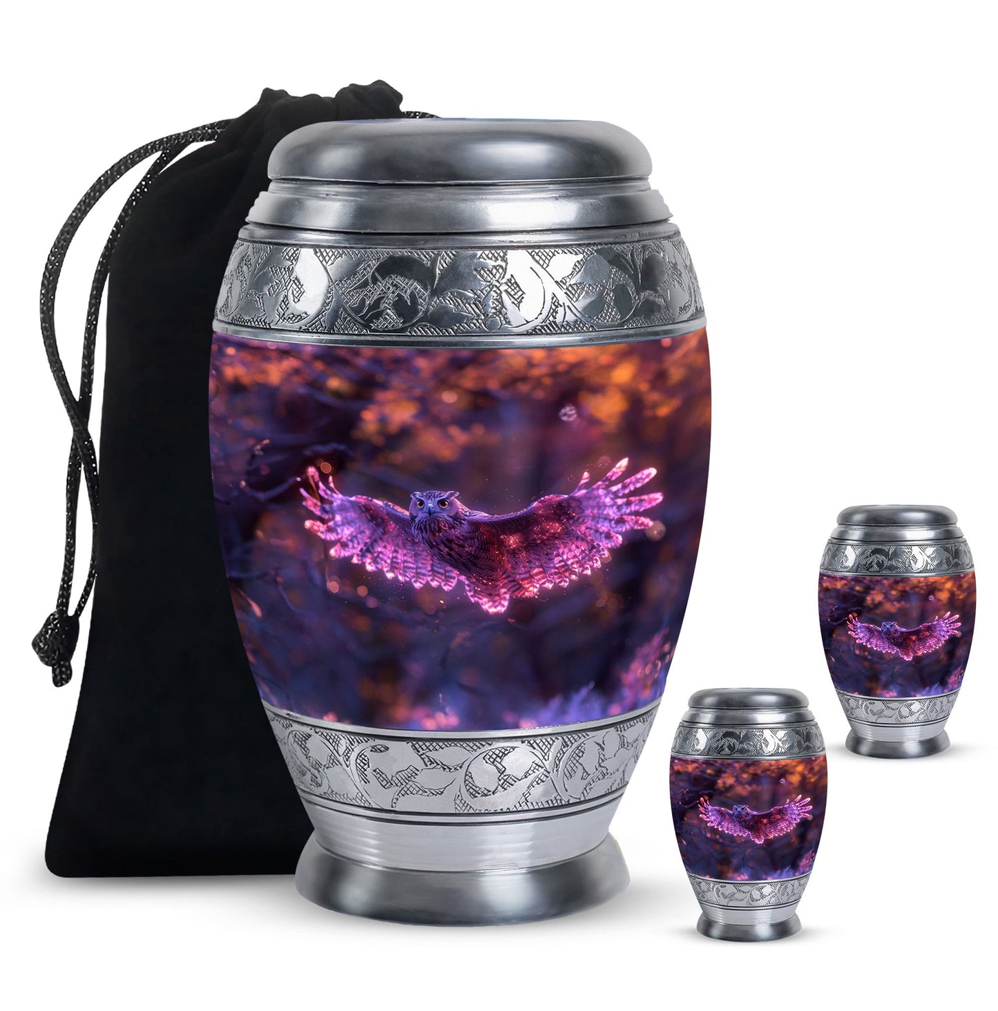 Owl Urn for Human Ashes, With Spread Purple Glowing Wings, Cremation Urn