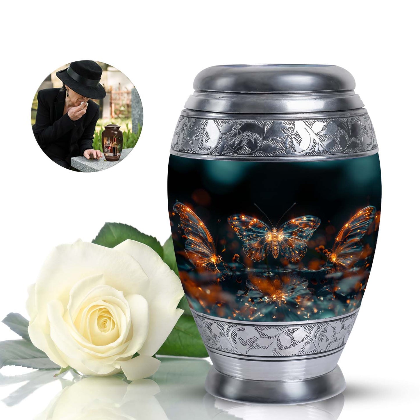 Butterfly Urn for Human Ashes, Glowing Gold Wings with Sparkle Particles, Black Gloss Urn