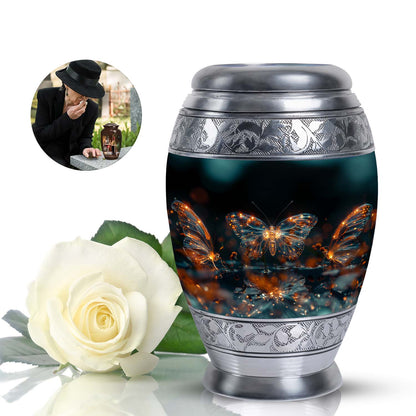 Butterfly Urn for Human Ashes, Glowing Gold Wings with Sparkle Particles, Black Gloss Urn