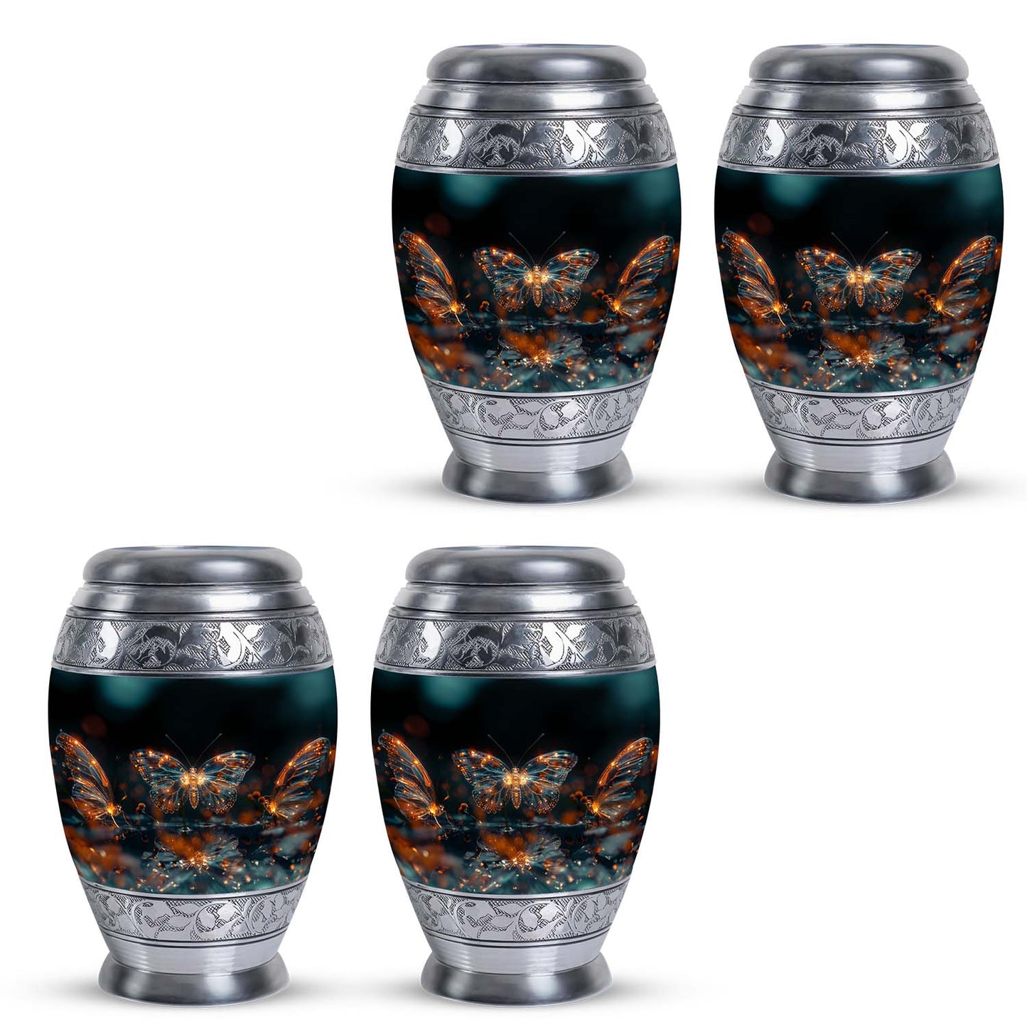 Butterfly Urn for Human Ashes, Glowing Gold Wings with Sparkle Particles, Black Gloss Urn